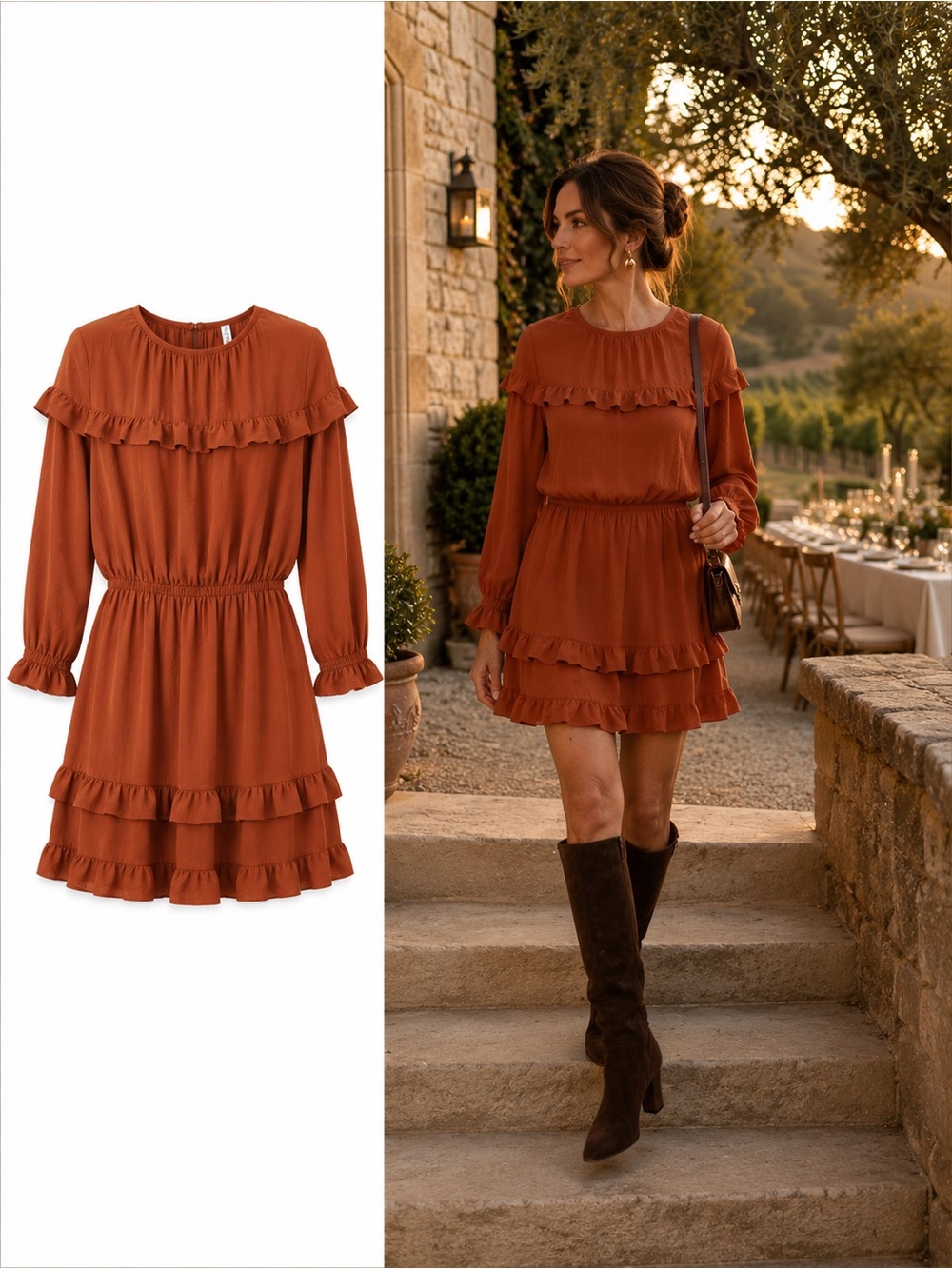 Rachel Pally Terra Cotta Ruffle Mini Dress Long Sleeve Fall Size Small Feminine